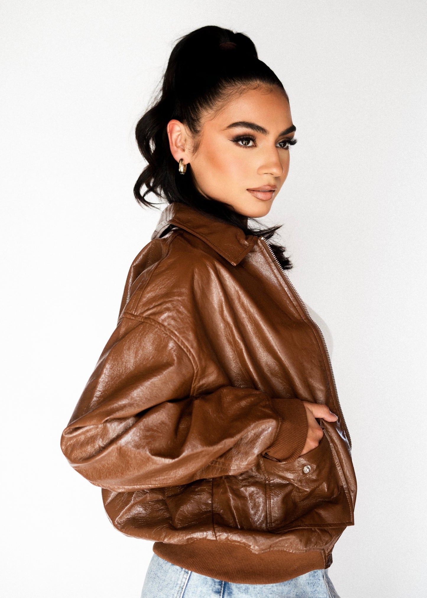 Casual Faux Leather Shiny Jacket (Brown)