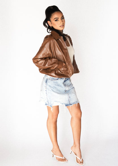 Casual Faux Leather Shiny Jacket (Brown)