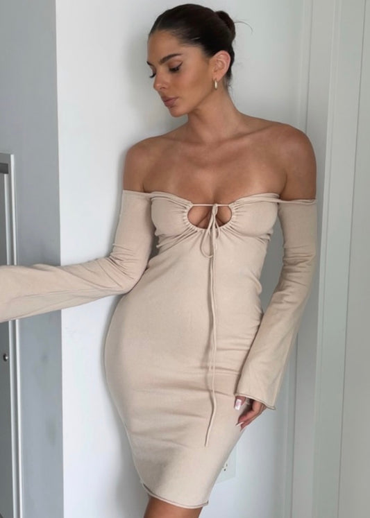 Nelly Off The Shoulder Dress (Beige)